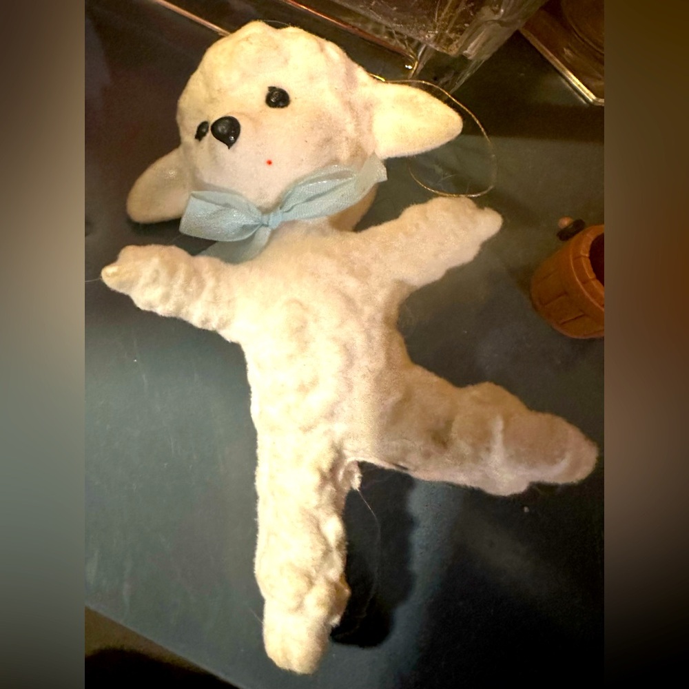 Vintage Flocked Cute White Lamb Sheep holiday Christmas Ornament Figure Rare